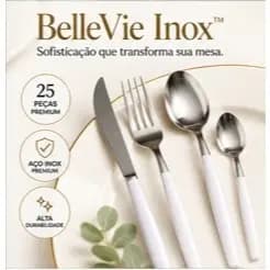 Jogo de Talheres 25 Peças BelleVie Inox™ Aço Inox Branco Premium Luxo Resistente Mesa Posta