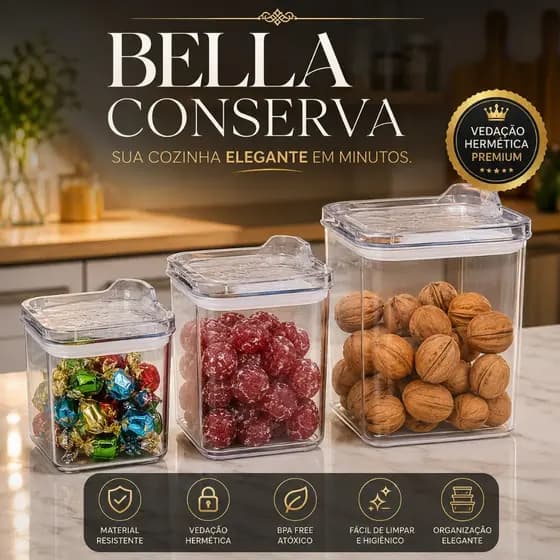 Potes Herméticos Bella Conserva Kit 3 Unidades Organizadores de Cozinha com Vedação Hermética