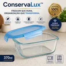 Pote Hermético de Vidro 370ml ConservaLux™ Retangular Tampa Vedante Antivazamento Marmita