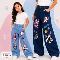 Calça Jeans Juvenil Feminina Wide Leg Estampas Emilly Vick Jeans Kids Para Meninas Emilly Vick Kids
