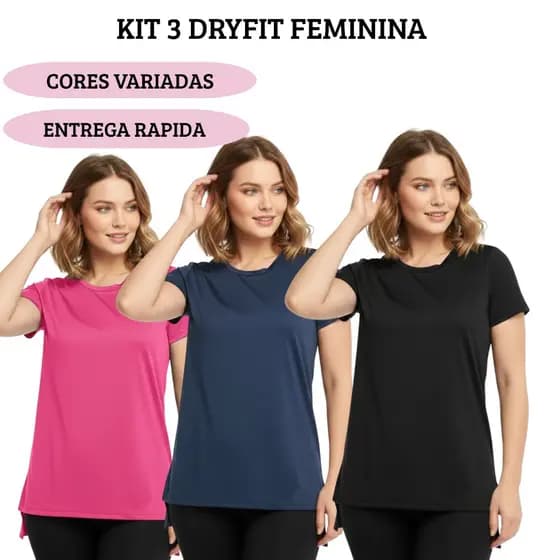 Kit 3 Blusas Feminina Academia Dry Fit Poliester Musculação Camiseta Caminhada Tapa Bumbum