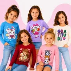 Kit Com 02/03/05/10 Camiseta Infantil Blusa Manga Longa Menina Feminino 100% Algodão Inverno 2 à 8 Anos