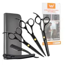 Kit Tesoura De Cabelo E Navalha Fio Laser Estojo C/6 Peças PRETO Altomex