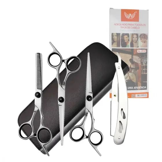 Kit Tesoura De Cabelo E Navalha Fio Laser Estojo Com 6 Peças PRATA Altomex