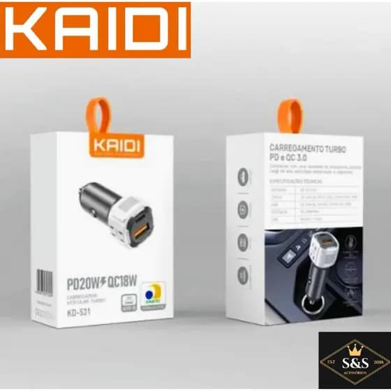 Carregadores Veicular Turbo 20W Tipo-C e USB Kaidi Brasil KD-531 100% Original