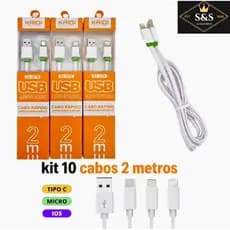 Kit 10 cabos Kaidi 2 metros flexível e resistente 100% original