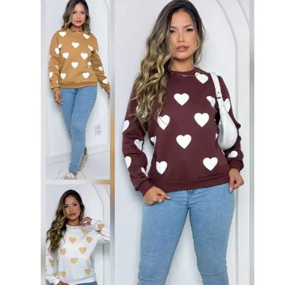 Blusa Feminina em Moletom com Manga Longa e Estampa de Coração - Moda Inverno 2026 Elegante