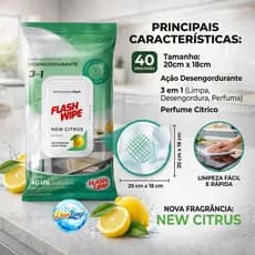 Panos Umedecidos Desengordurantes Flash Wipe Citrus Flash Limp Limpa e Perfuma