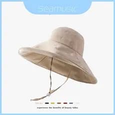 Chapéu De Sol De Linho De Algodão De Aba Larga Dobrável Para Mulheres Guarda-Uv Praia E Uso Casual