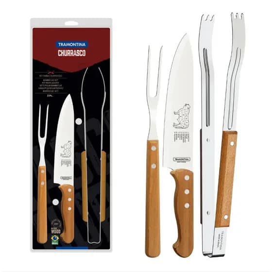 Jogo para Churrasco Tramontina com Lâminas em Aço Inox e Cabos de Madeira Natural 3 Peças