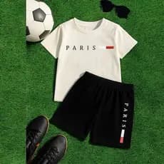 Kit Camiseta Menino infantil + Short Bermuda Estiloso Moderno Paris Lançamento Esporte Verão