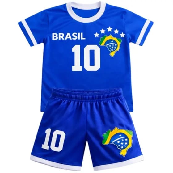 Conjunto Infantil Brasil Azul Copa do Mundo Masculino em Dry Fit Premium Futebol