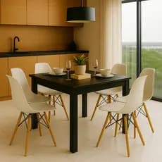 Mesa MDP 90x90 Mel/Preto + Kit Cadeiras Eames, Allegra ou Gruvyer