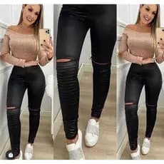 Calça Leggin Feminina Rasgo No joelho E Zíper No Tornozelo Fashion