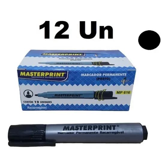 12 Unidades Cx Pincel Atômico Preto Permanente Recarregável 12 Uni Masterprint