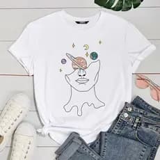 Blusa Feminina Planetas Rosto Feminino Blusa estampada Branca de Malha