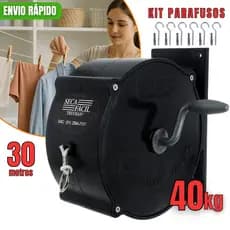 Varal De Roupas Retrátil Recolhivel Para Parede Seca Fácil Com Corda De 30m Manivela Apartamento
