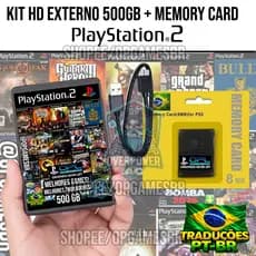 HD PS2 500GB + MEMORY CARD PS2 0PL COLEÇÃO 175 JOGOS PT-BR + EMULAS
