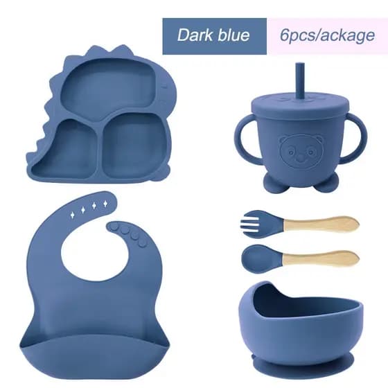 6PCS/kit Dinossauro Conjunto Talheres do Bebê Prato De Jantar De Silicone Para Bebês Com Tigela De ventosa