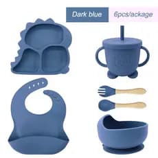 6PCS/kit Dinossauro Conjunto Talheres do Bebê Prato De Jantar De Silicone Para Bebês Com Tigela De ventosa