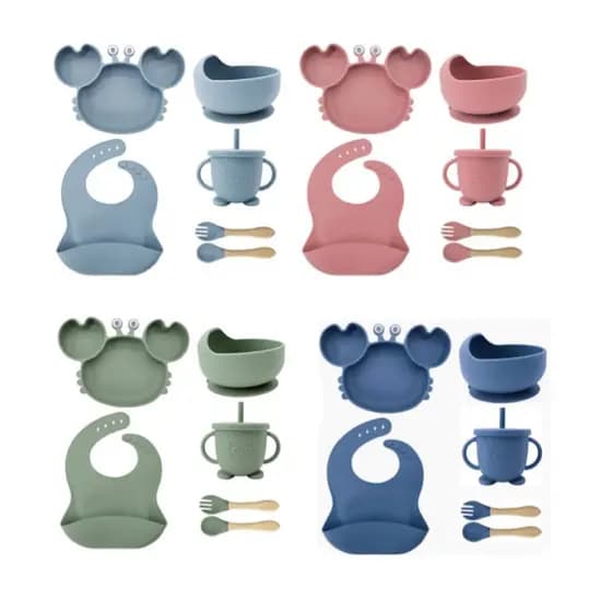 6PCS/kit Caranguejo Conjunto Talheres do Bebê Prato De Jantar De Silicone Para Bebês Com Tigela De ventosa