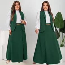 Conjunto 4 Peças Blazer Social  Blusa Feminina Manga Longa Saia Longa Cinto Plus Size Congresso