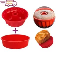 Kit 2 Forma de Bolo Silicone Redonda e Furo no Meio Vazada para Bolos Tortas Pudim