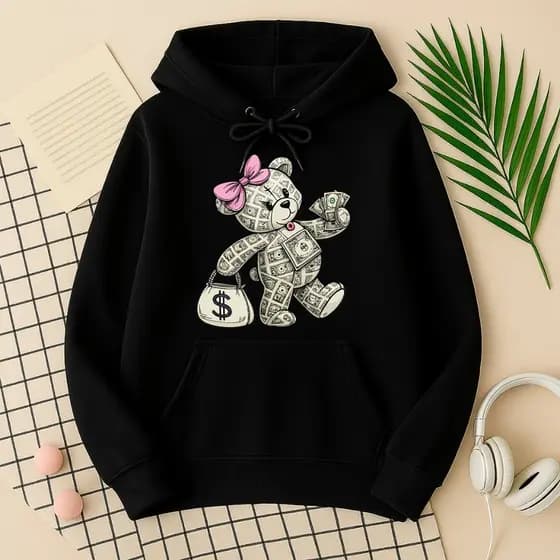 Moletom Blusa de Frio Feminino Rosa Estampada Urso Money Luxo Meninas Blusão Lançamento Premium