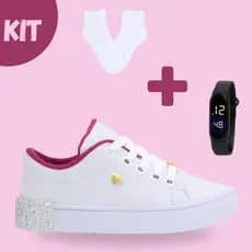Tênis Infantil Feminino Menina + Meia + Relógio Kit Confortável Casual Escolar Colegial Leve Couro