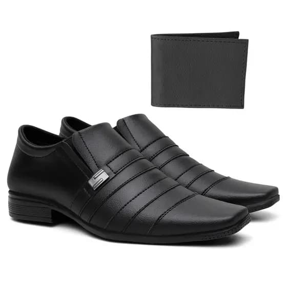 Sapato Social Masculino Elegante Presente Dia Dos Pais Casual Moderno Estiloso  Preto + Carteira