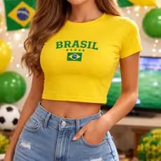 Blusinha Cropped do Brasil Copa do Mundo 2026 Verão Feminino Casual Retro Camiseta Curtinha Algodão
