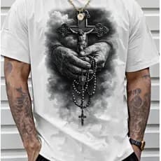 Camiseta Masculina Estampa Jesus Cristo Cruz Rosário Fé