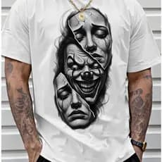 Camiseta Masculina Estampa Tattoo Máscara Quebrada Dark Streetwear
