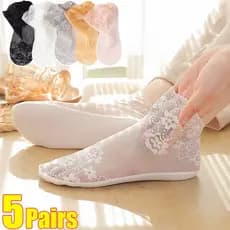 5 Pares De Verão Curto Flor Meias Femininas Malha Renda Transparente Lolita Invisível Fino Antiderrapante Tornozelo Baix