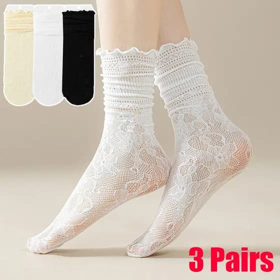 3 Pares Meias De Malha Oca Para Mulheres Estilo Japonês JK Longas Ultra Finas Verão Plissado Coreano Harajuku Respirávei