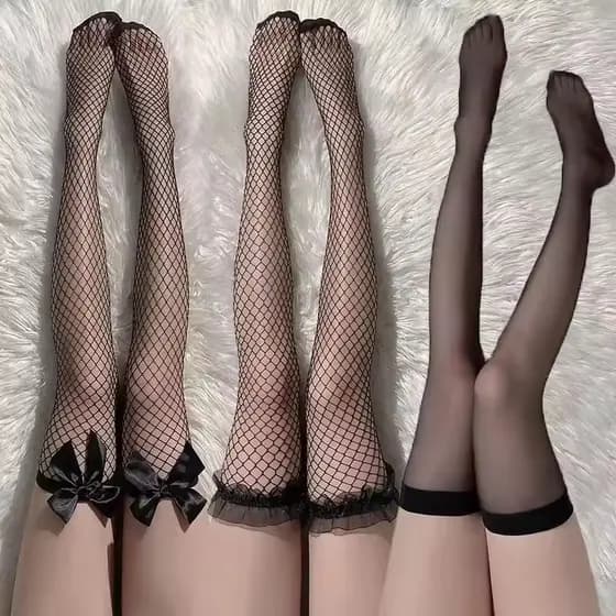 Doce Sobre O Joelho Meias Longas Mulheres Meninas Lolita Bowknot Coxa Altas Punk Renda Malha Legging Oco Fishnet Meia-Ca
