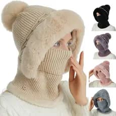 Chapéu De Inverno Feminino Quente Malha Com Capuz De Lã Aquecedor De Pescoço Grosso