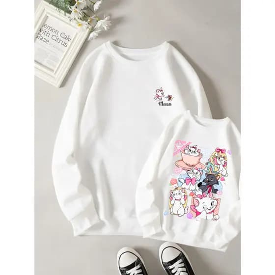 Moletom Gola Redonda Blusa de Frio Basica Sem bolso Sem capuz Desenho animado Marie Gato