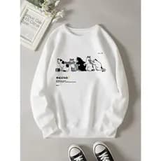 Moletom Gola Redonda Branca Gatos China Moda Cat Meow Blusa Algodão Unissex Sem Capuz Sem Bolso