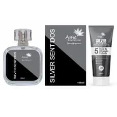 Kit Perfume e Hidratante Masculino Silver Sentidos Amei Cosmeticos Alta Fixação 33% de Essência Importada