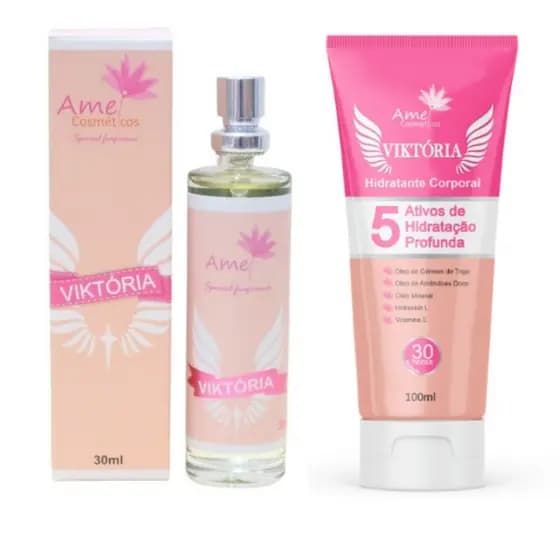 Kit Perfume 30ml e Hidratante 100ml Feminino Viktória Amei Cosméticos Alta Fixação 33% de Essência Importada