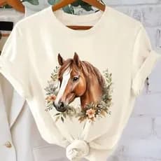 Camiseta Feminina 100% Algodão Básica Estampa Cavalo Country Agro Casual Adulto e Infantil