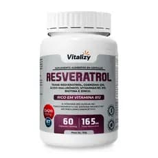 Resveratrol Trans 165mg Vitalizy CoQ10 Biotina Ácido Hialurônico Zinco B3 B12 60 Cápsulas Alta Concentração Premium
