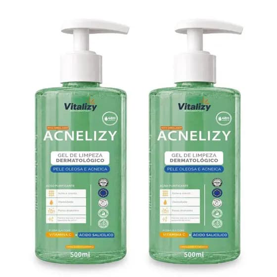 Kit 2x500ML Gel de Limpeza Facial Controle da Oleosidade Pele Oleosa e Acneica Limpeza Profunda Vitalizy