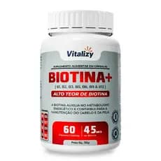 Biotina 45mcg Vitalizy Cabelo Pele Unhas Vitaminas B1 B2 B3 B5 B6 B9 B12 60 Cápsulas Alta Concentração