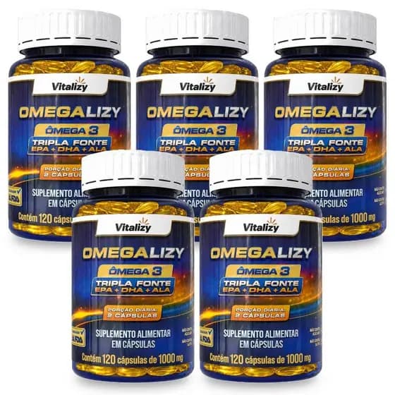 Kit 5x120 Cápsulas Ômega 3 Tripla Fonte 1000mg Vitalizy EPA DHA ALA Alto Teor Premium Original
