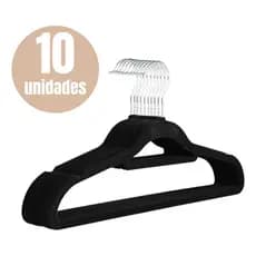 Kit 10 Cabides Slim Veludo Preto com gravateiro Antideslizante Design Fino Economiza Espaço