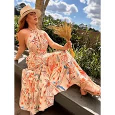 Vestido Longo Feminino Frente Única com Amarração Tropical Verão