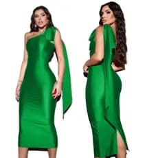 Vestido Laço Midi Poliamida Festa Luxo Alça Única com Bojo Modelador