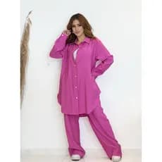 Conjunto Árabe Chemise Longo de Botão e Calça Larga de Cordão Bambu